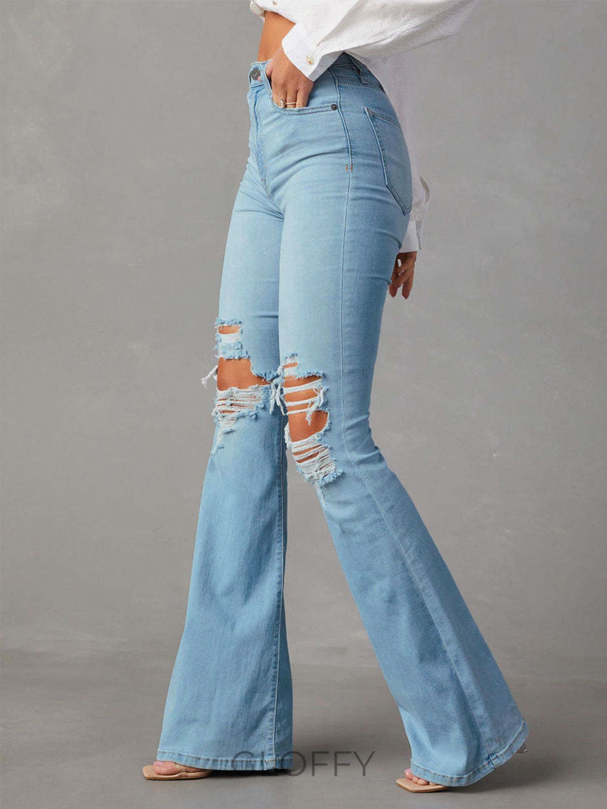 Selena Yırtık Detaylı Denim Flare Jeans