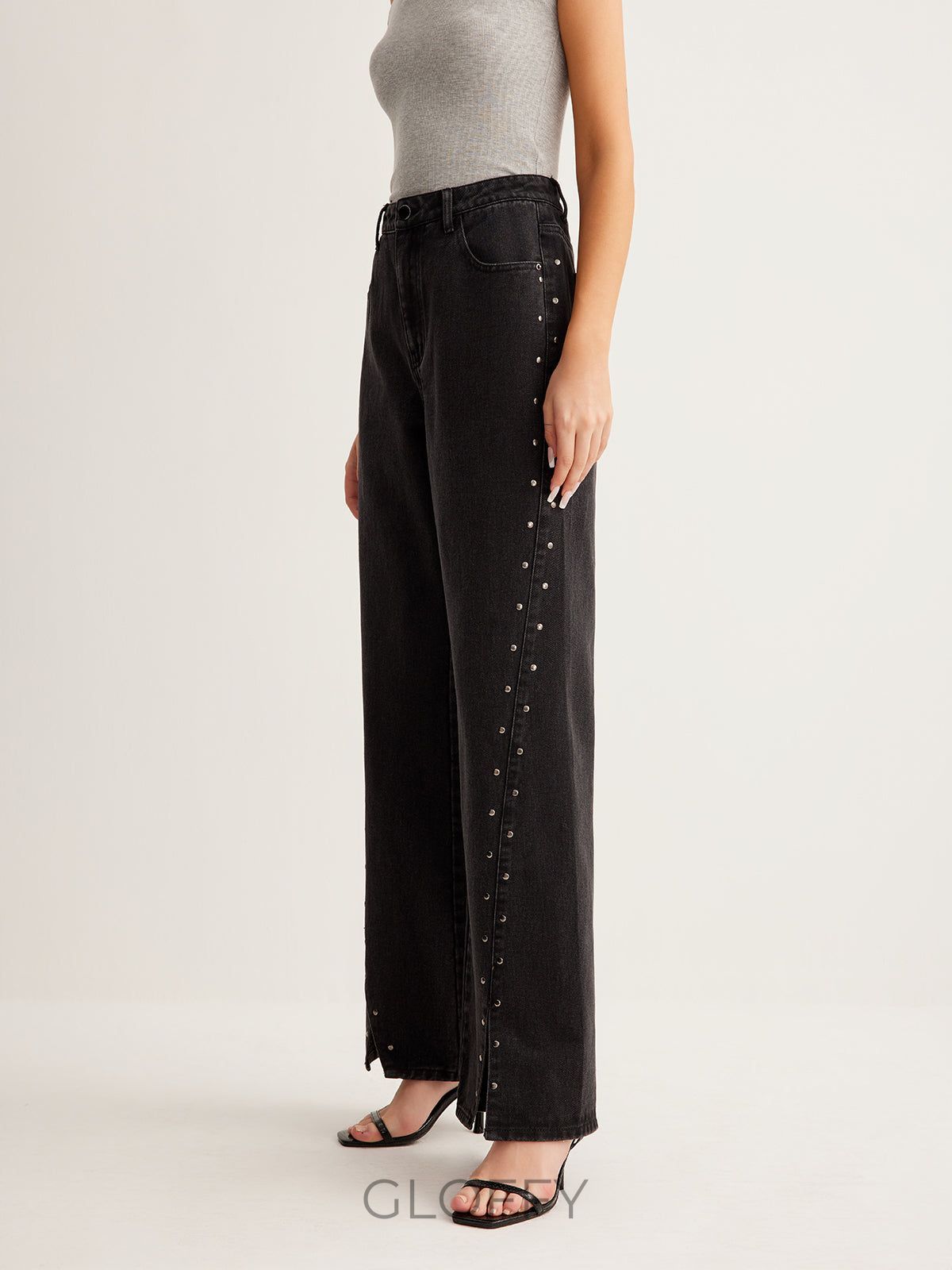 Studded Geniş Paça Denim Jeans