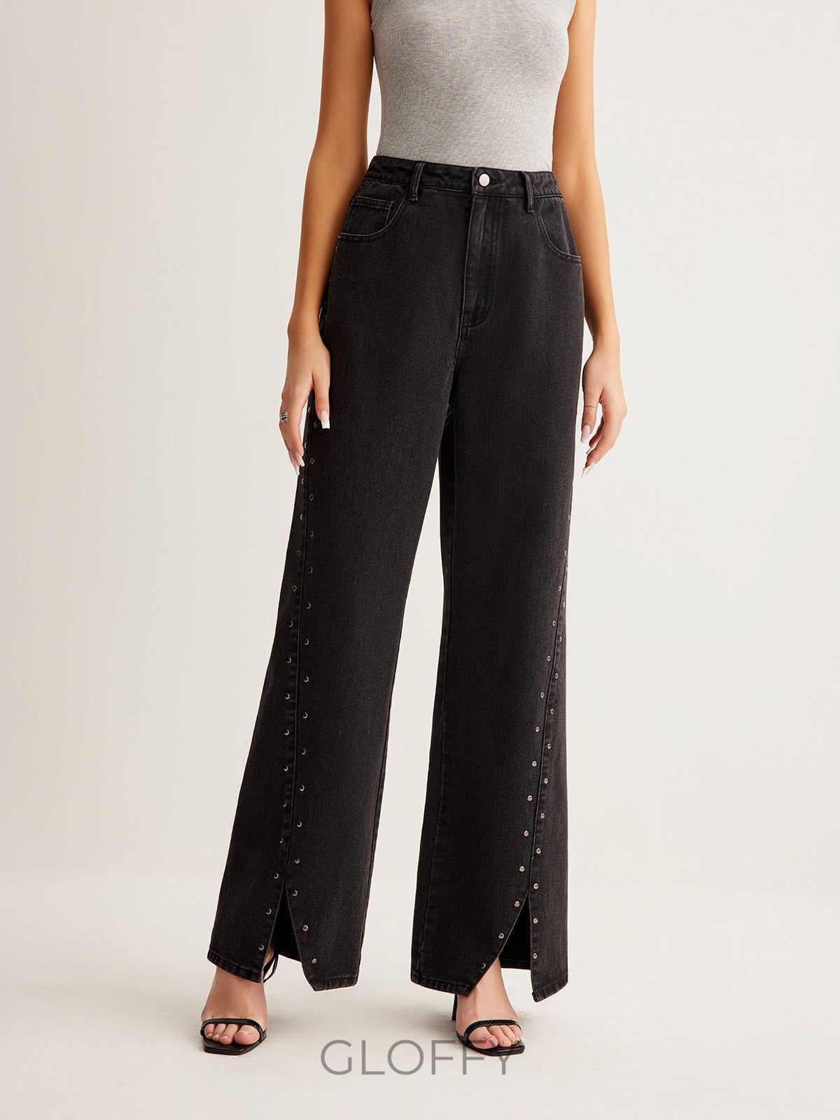 Studded Geniş Paça Denim Jeans