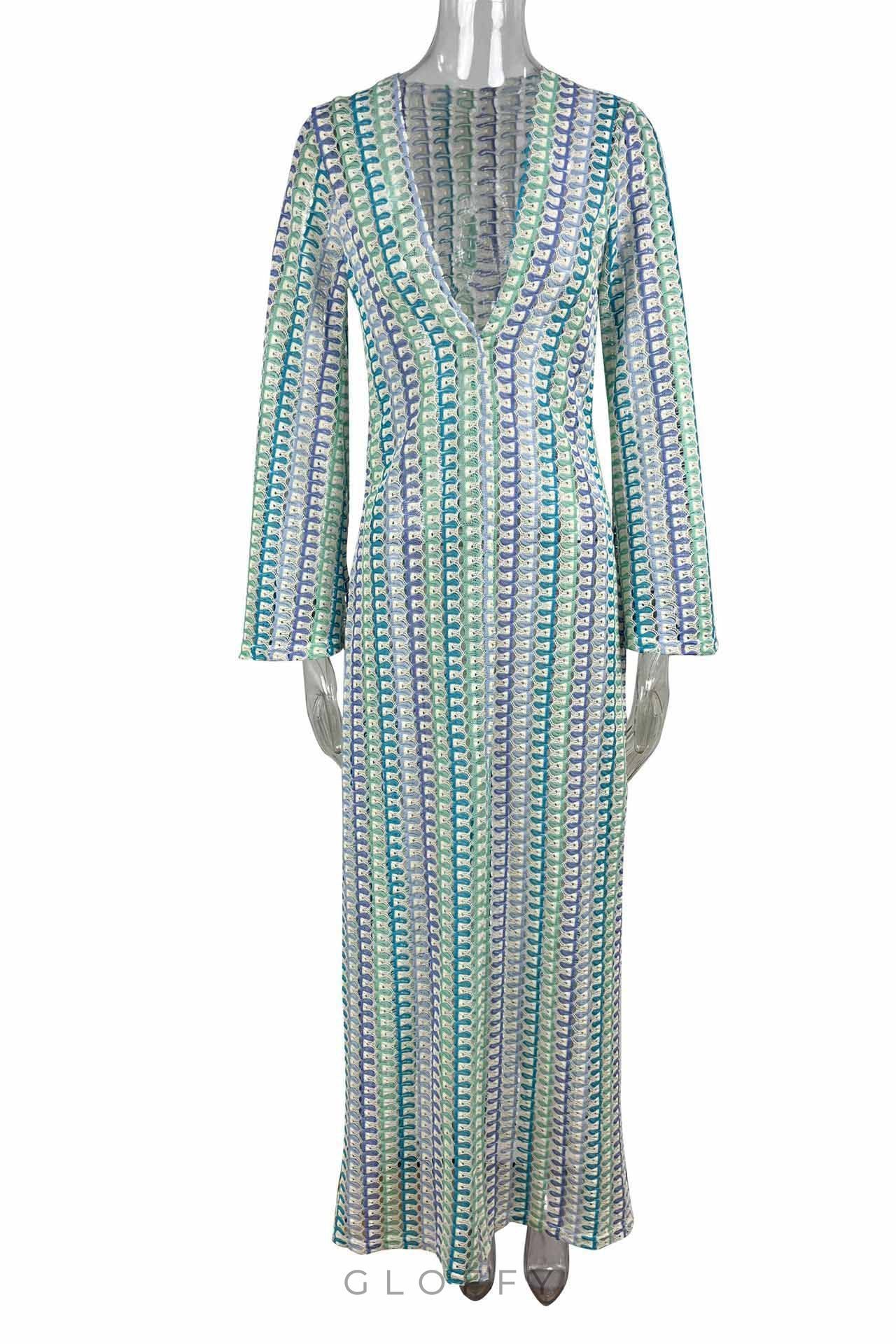 Boho V Yaka Çan Kol Dalgalı Çizgili Tığ İşi Plaj Tatili Maxi Elbise