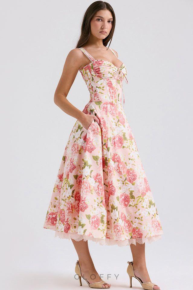 Celestina Gül Bahçesi Korse Detaylı Midi Elbise