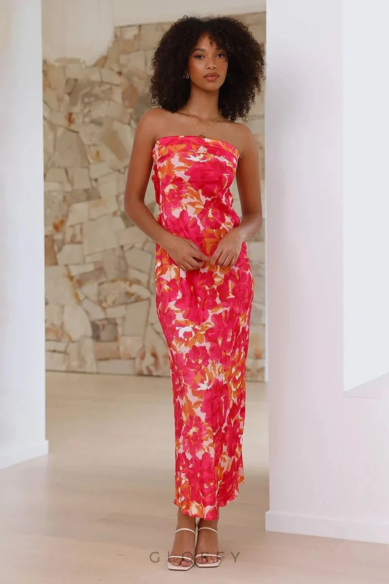 Miya Pembe Kırmızı Çiçekli Maxi Elbise