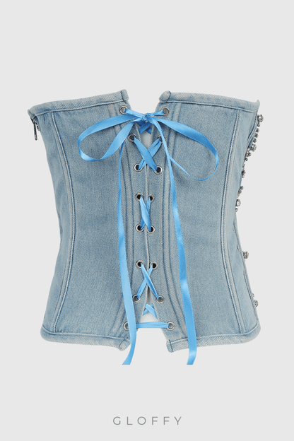 Livia Elmas Süslemeli Straplez Denim Üst