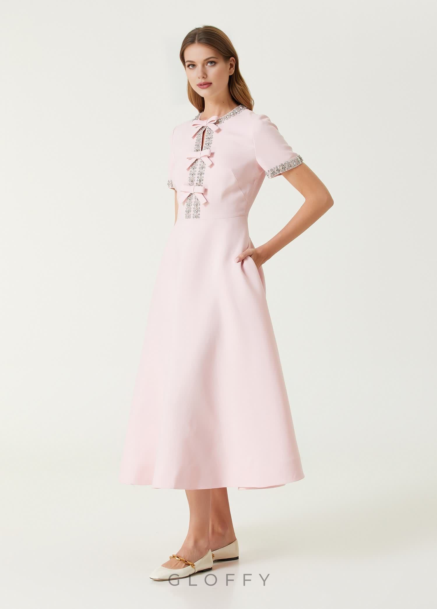 Zoe Fiyonklu Kristal İşlemeli Midi Elbise