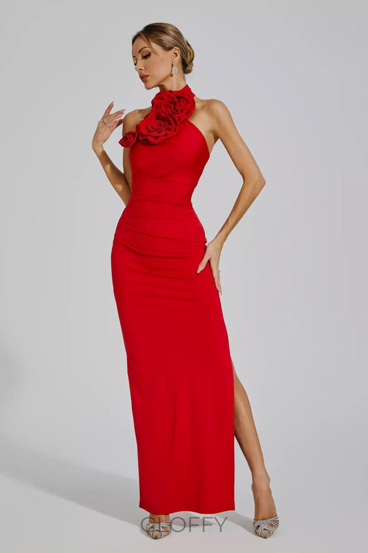 Natalie Kırmızı Çiçek Desenli Büzgülü Halter Maxi Elbise