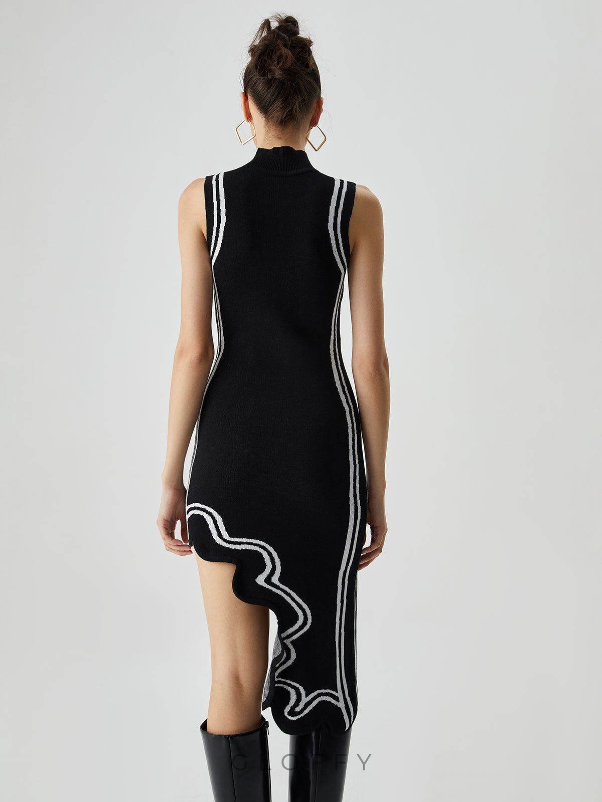 Knit Asymmetric Contrast Trim Mock Neck Midi Elbise