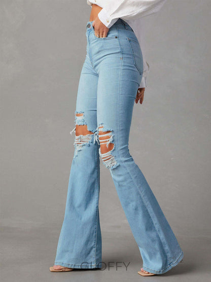 Selena Yırtık Detaylı Denim Flare Jeans