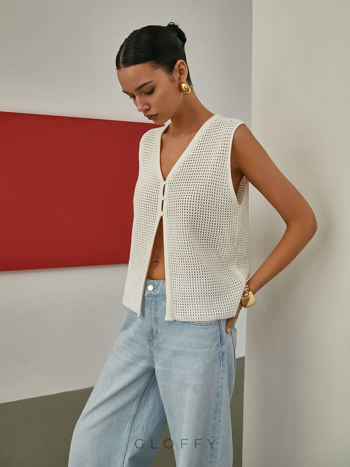 V Yaka Ajurlu Triko Düğmeli Yelek – Ekru