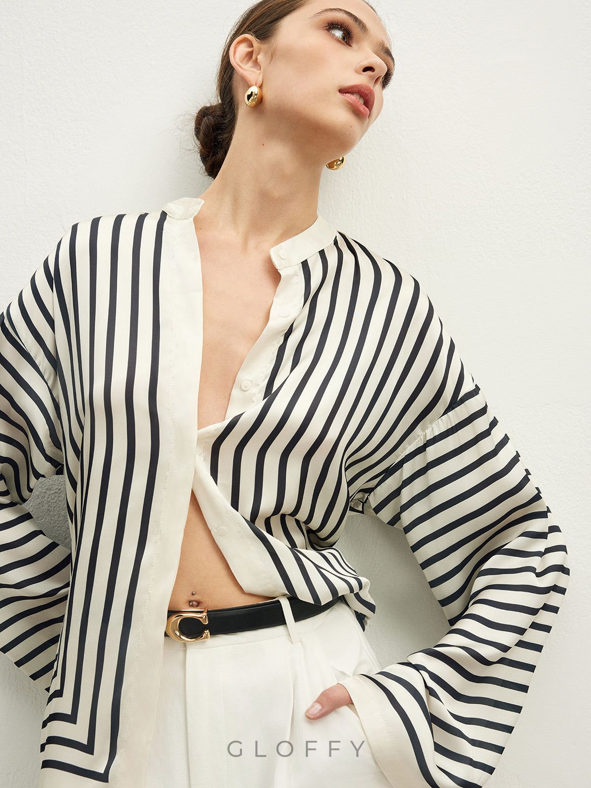 Saten Çizgili Düğmeli Rahat Gömlek