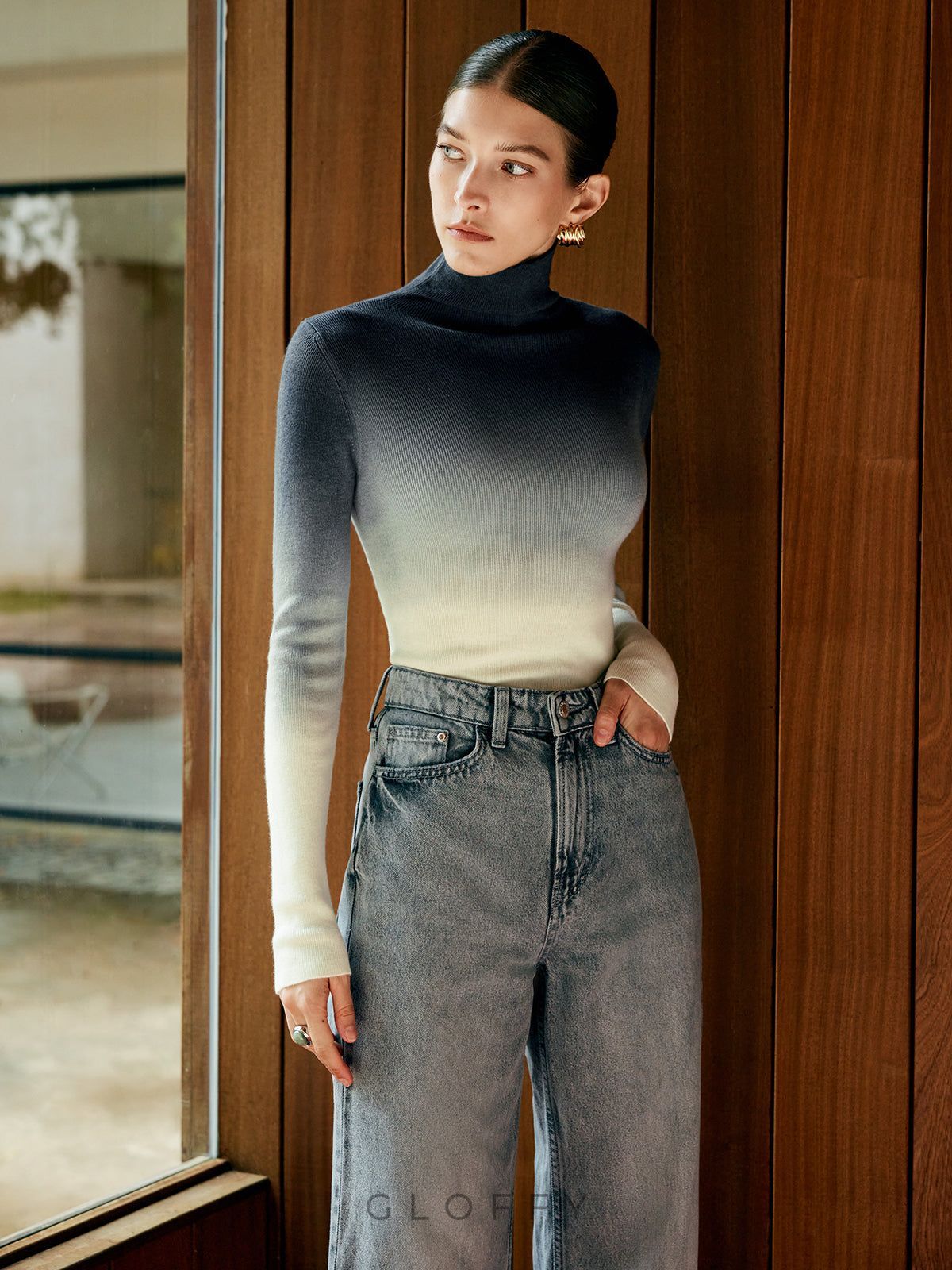 Balıkçı Yaka Degrade Triko Kazak – Antrasit-Ekru