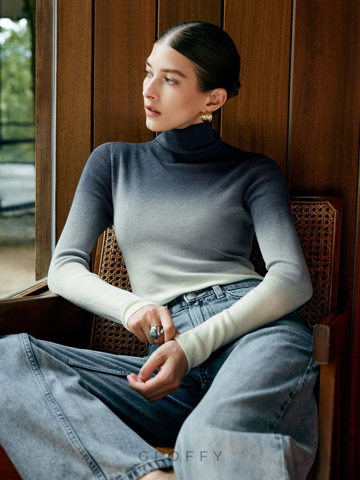 Balıkçı Yaka Degrade Triko Kazak – Antrasit-Ekru