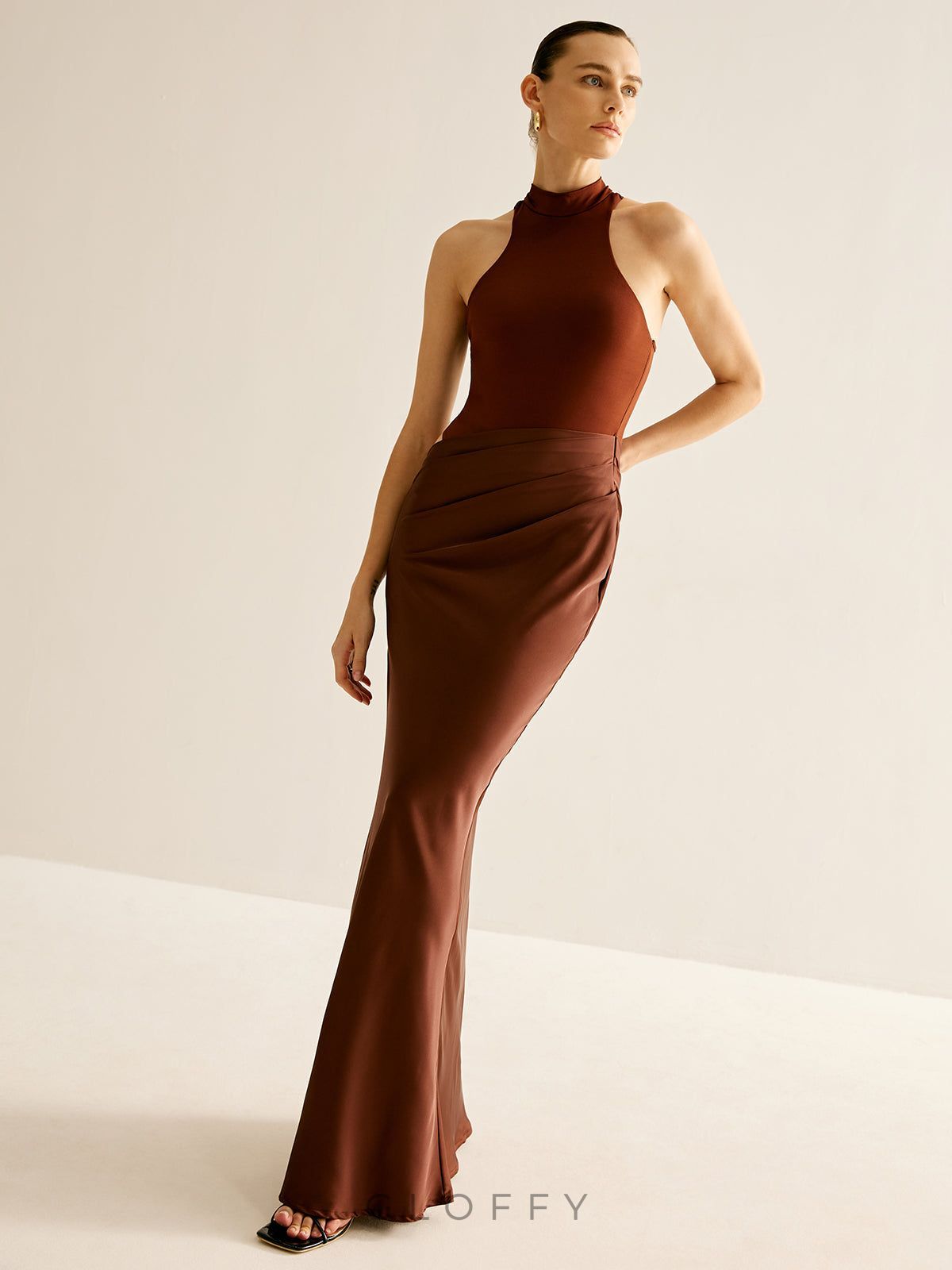 Solène Asimetrik Drapeli Saten Maxi Elbise