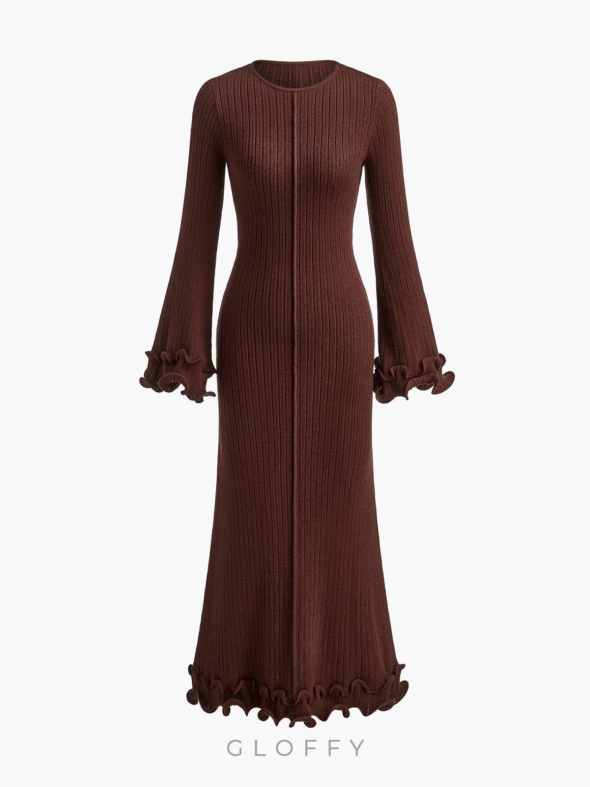 Elowen Biyeli Fırfır Detaylı Triko Maxi Elbise