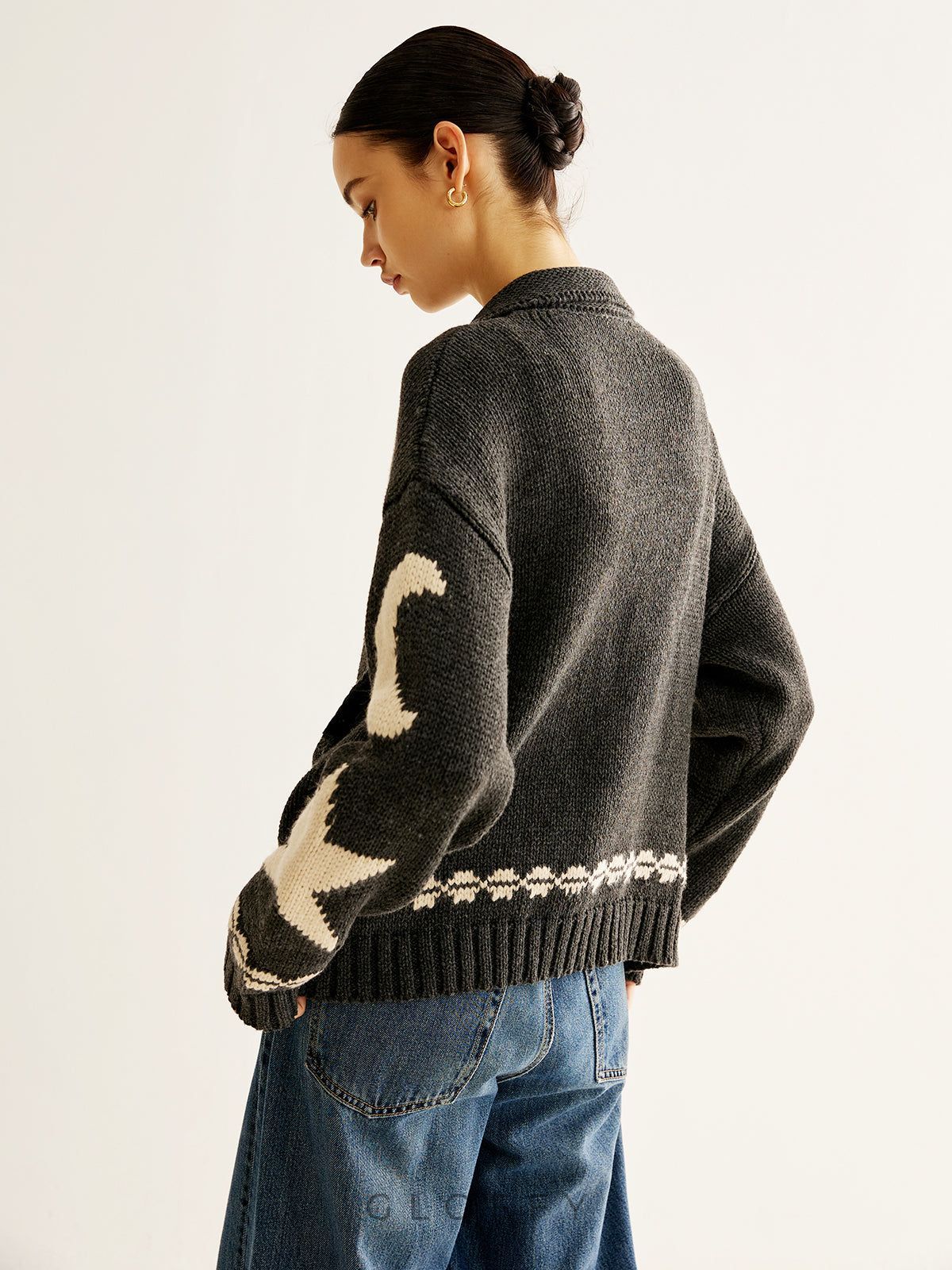 Fermuarlı Desenli Oversize Hırka – Antrasit