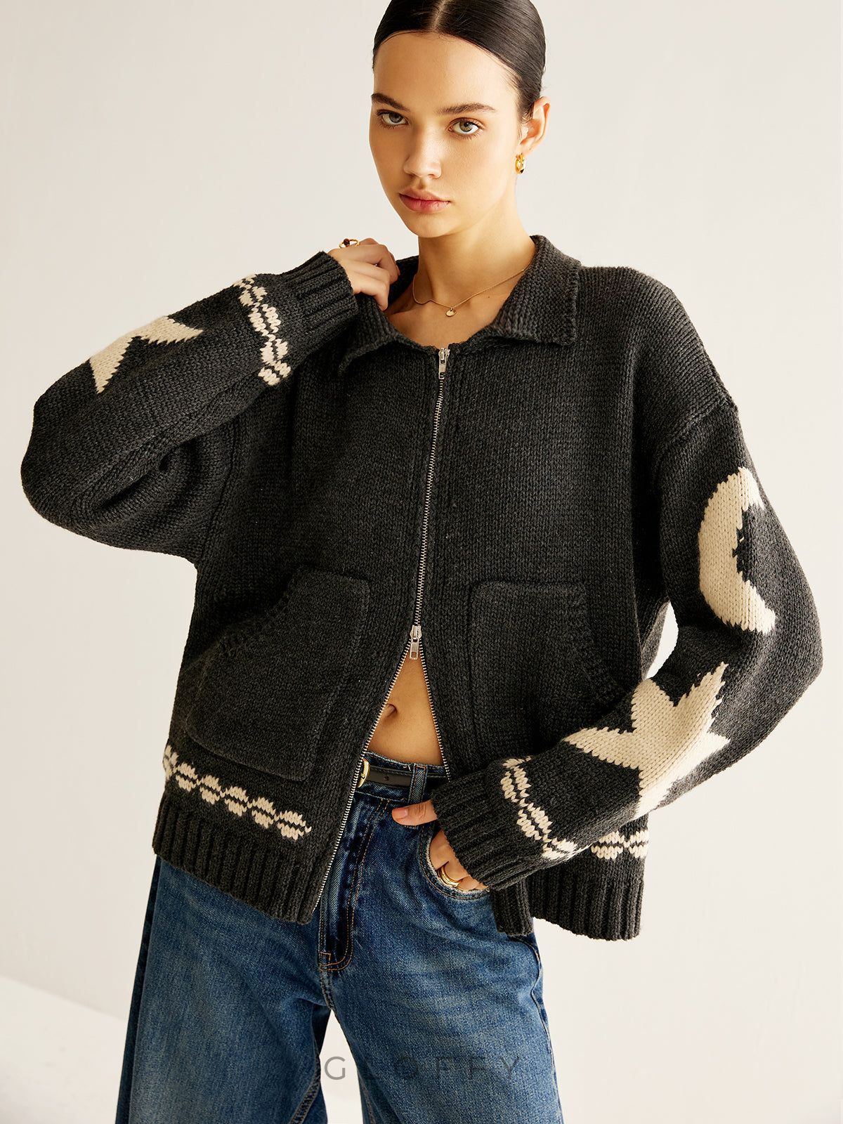 Fermuarlı Desenli Oversize Hırka – Antrasit