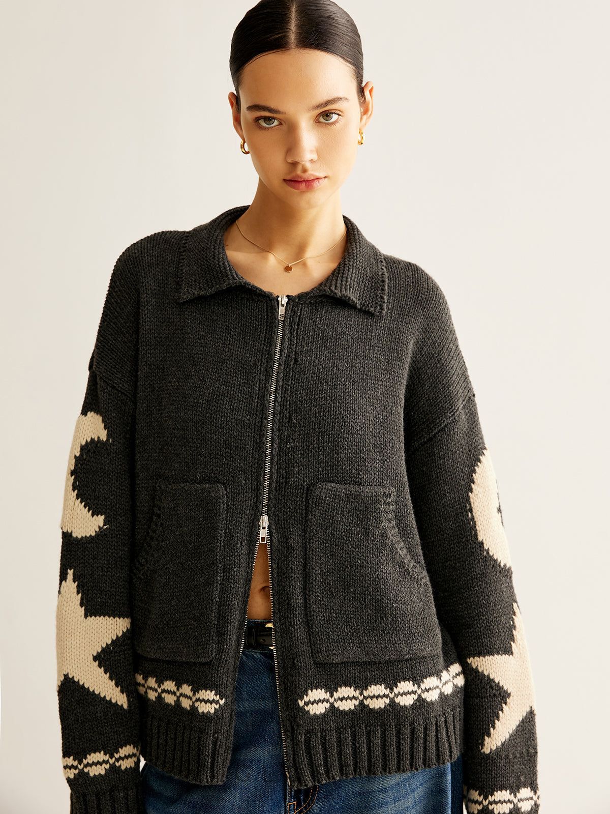 Fermuarlı Desenli Oversize Hırka – Antrasit