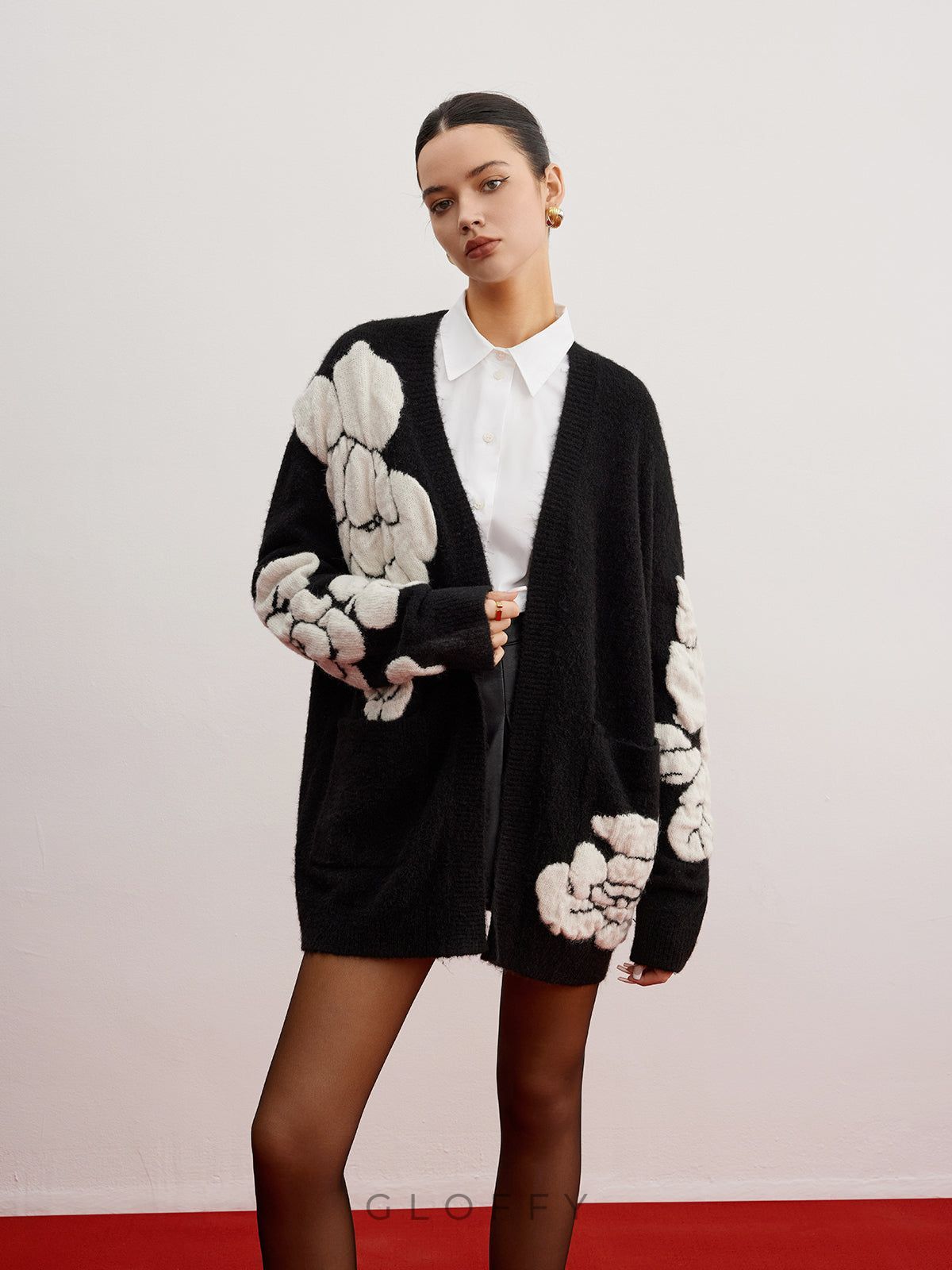 Aurevina Yün Dokulu Floral Triko Hırka