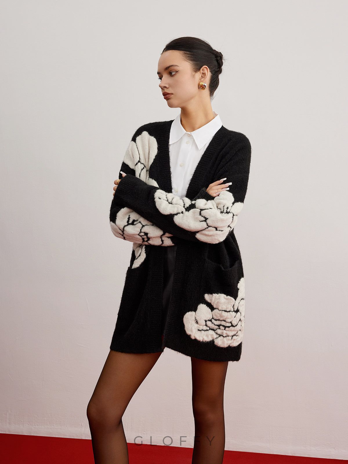 Aurevina Yün Dokulu Floral Triko Hırka