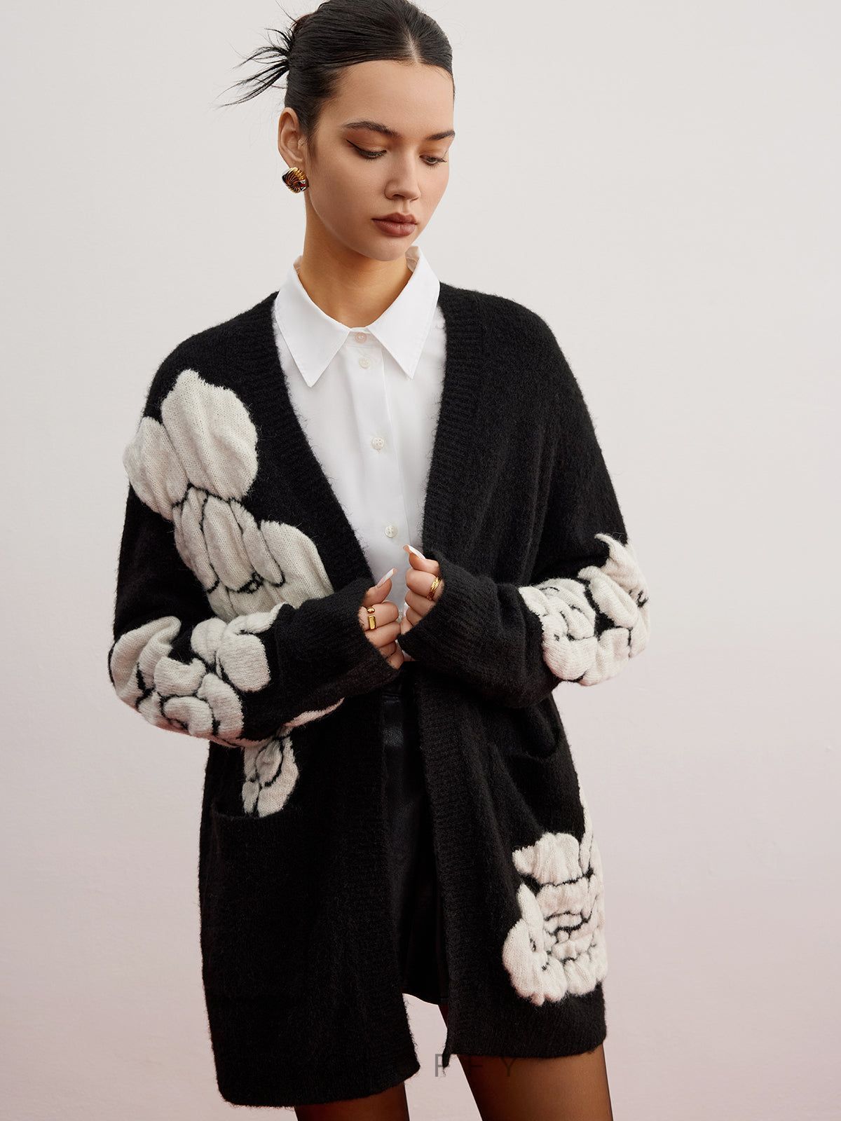 Aurevina Yün Dokulu Floral Triko Hırka