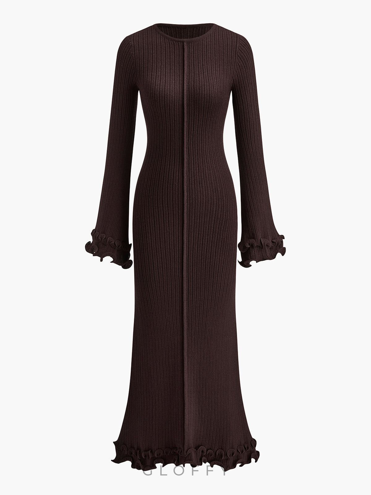 Elowen Biyeli Fırfır Detaylı Triko Maxi Elbise