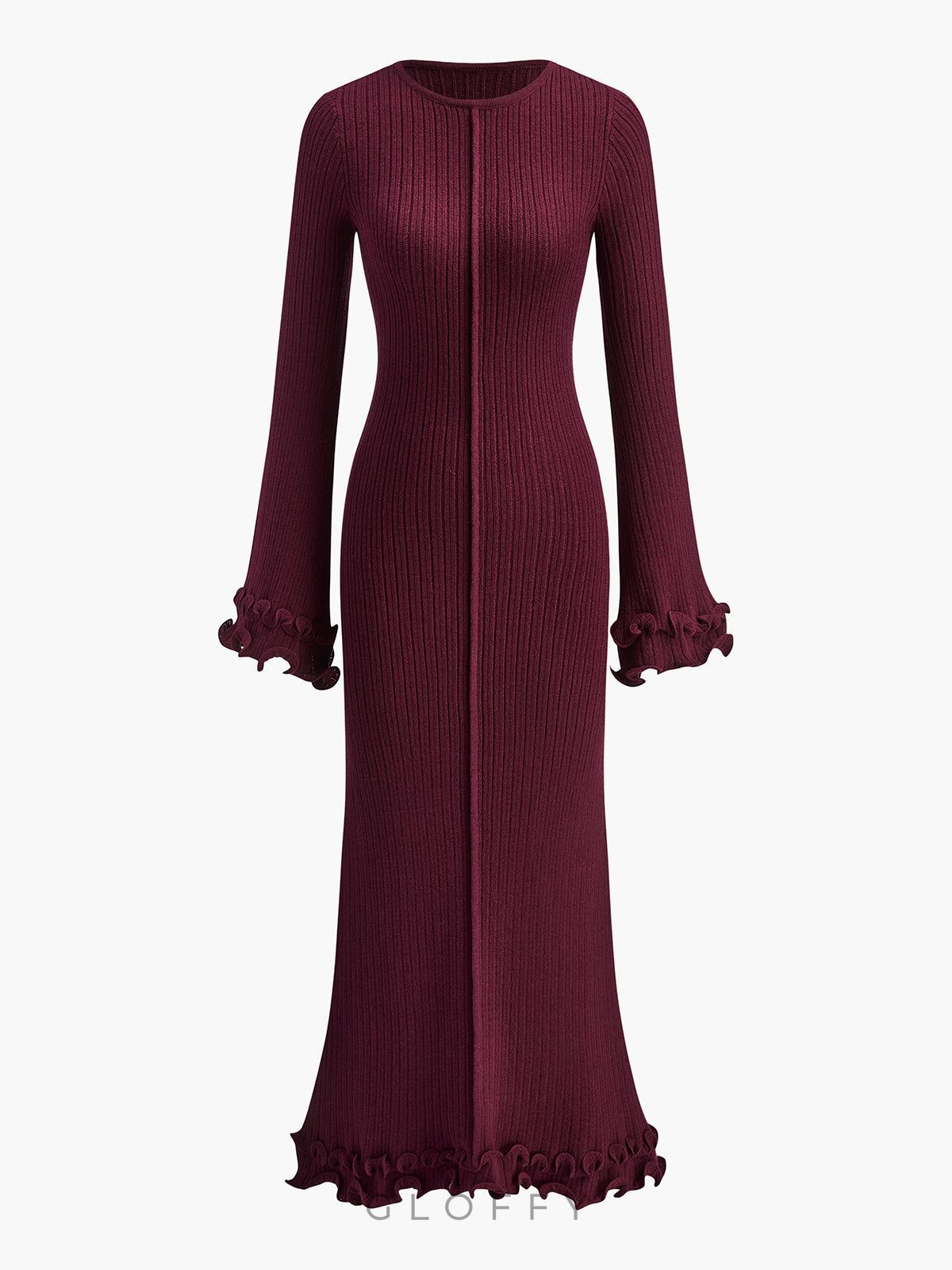 Elowen Biyeli Fırfır Detaylı Triko Maxi Elbise