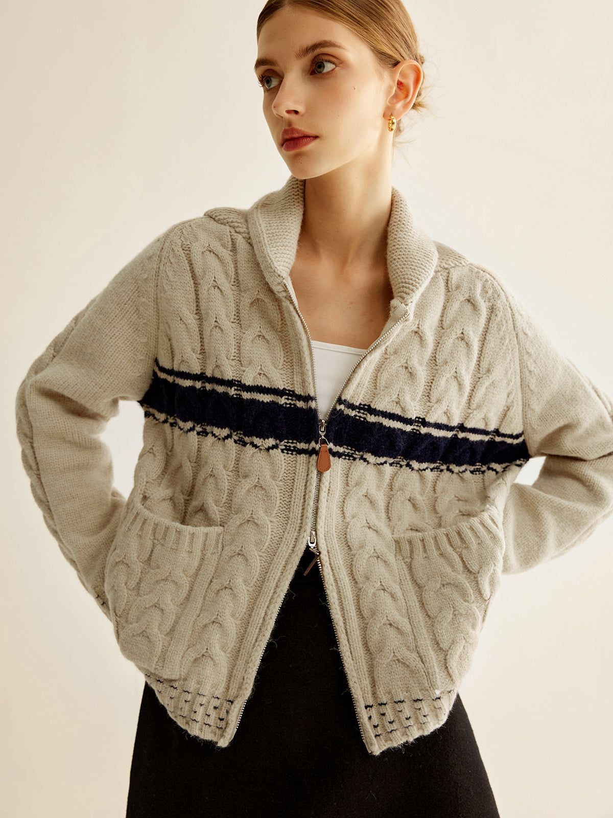 Fermuarlı Örgü Hırka - Bej Lacivert