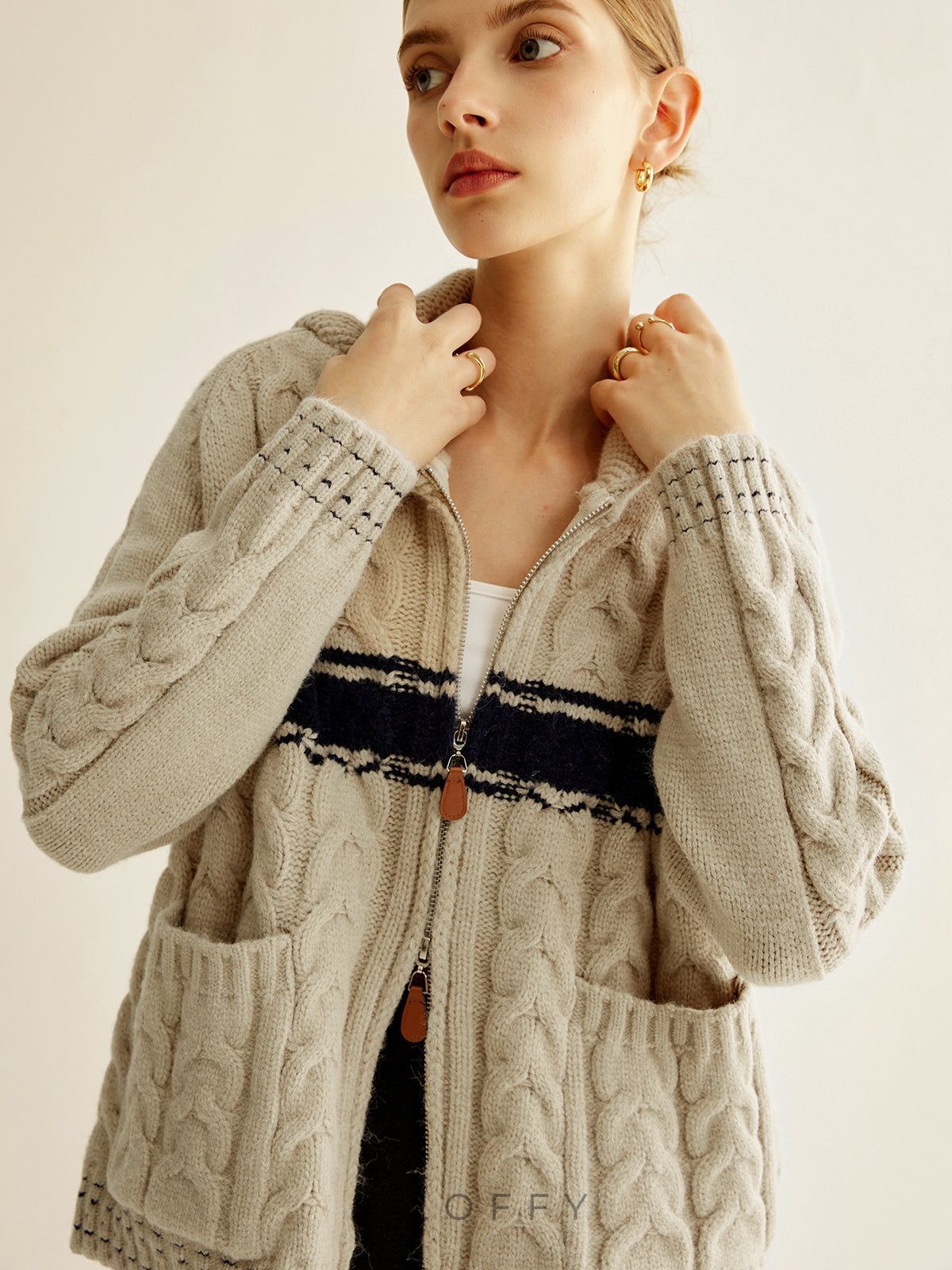 Fermuarlı Örgü Hırka - Bej Lacivert