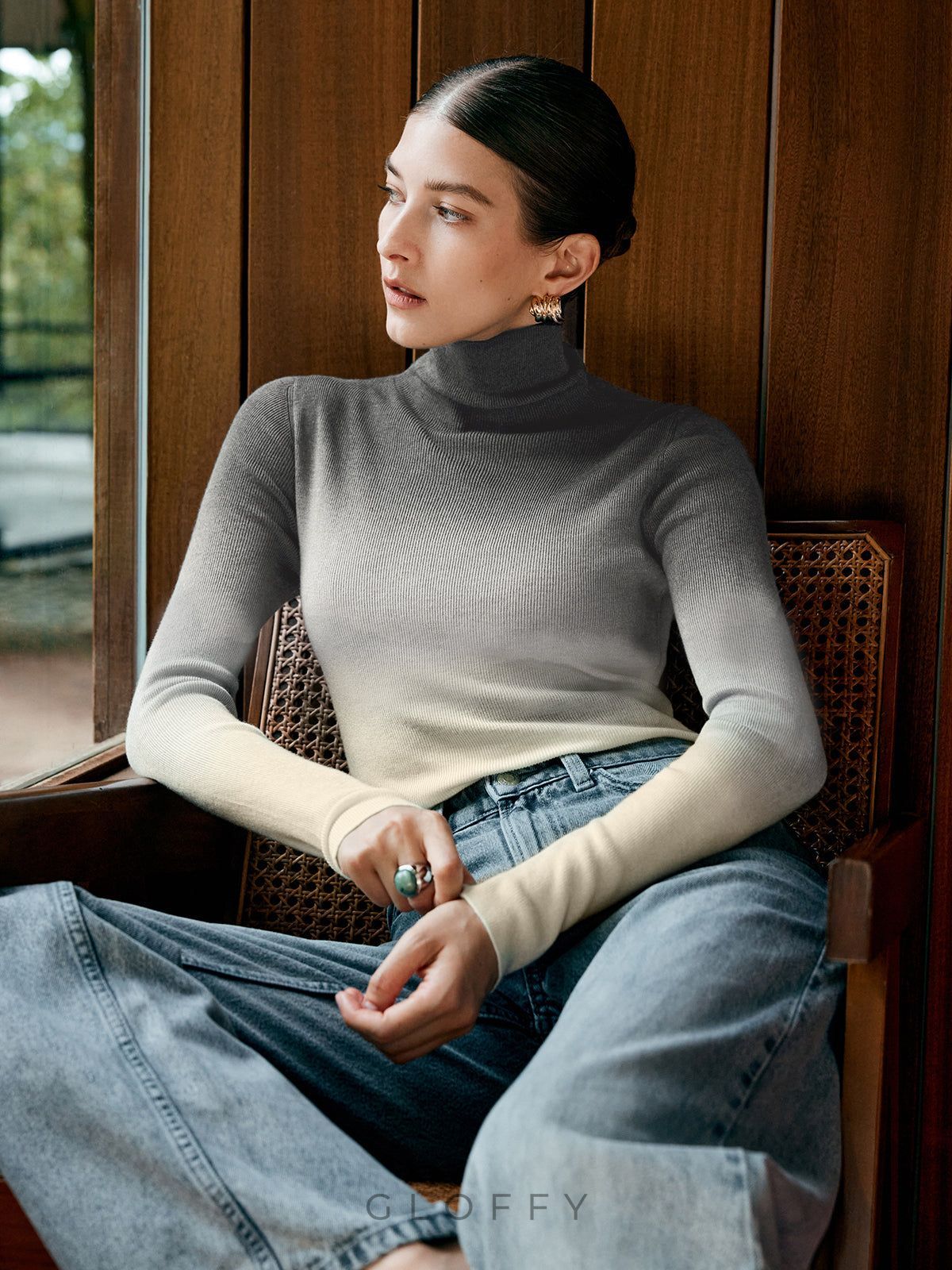 Balıkçı Yaka Degrade Triko Kazak – Antrasit-Ekru