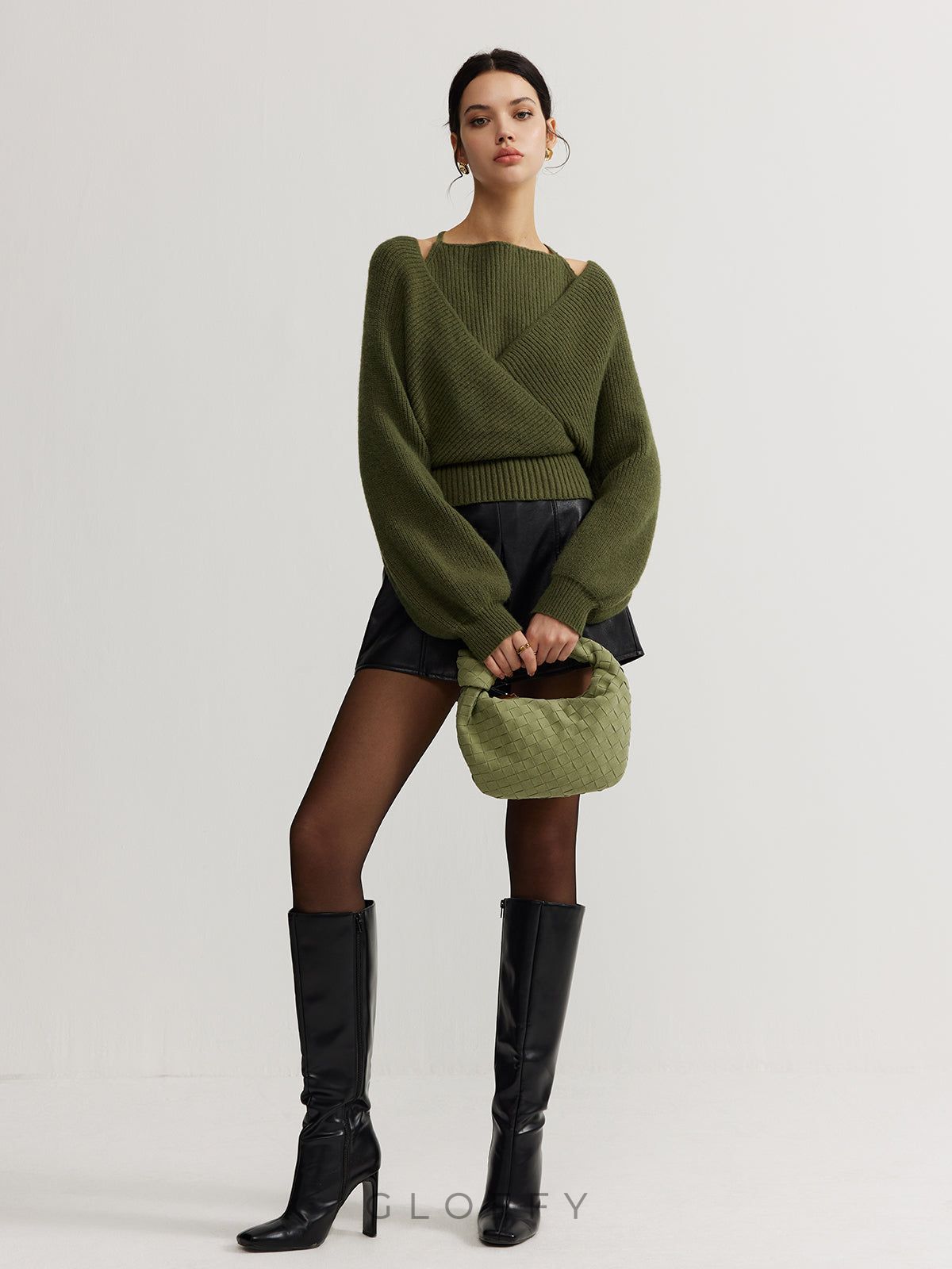 Oversize V Yakalı Kolları Balon Triko Kazak – Haki