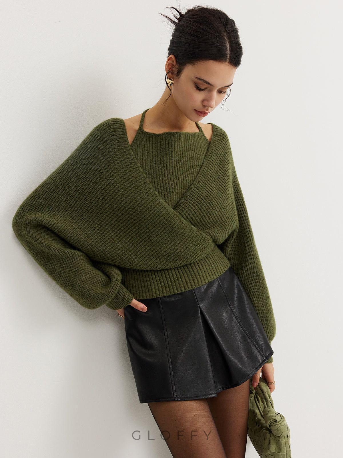 Oversize V Yakalı Kolları Balon Triko Kazak – Haki