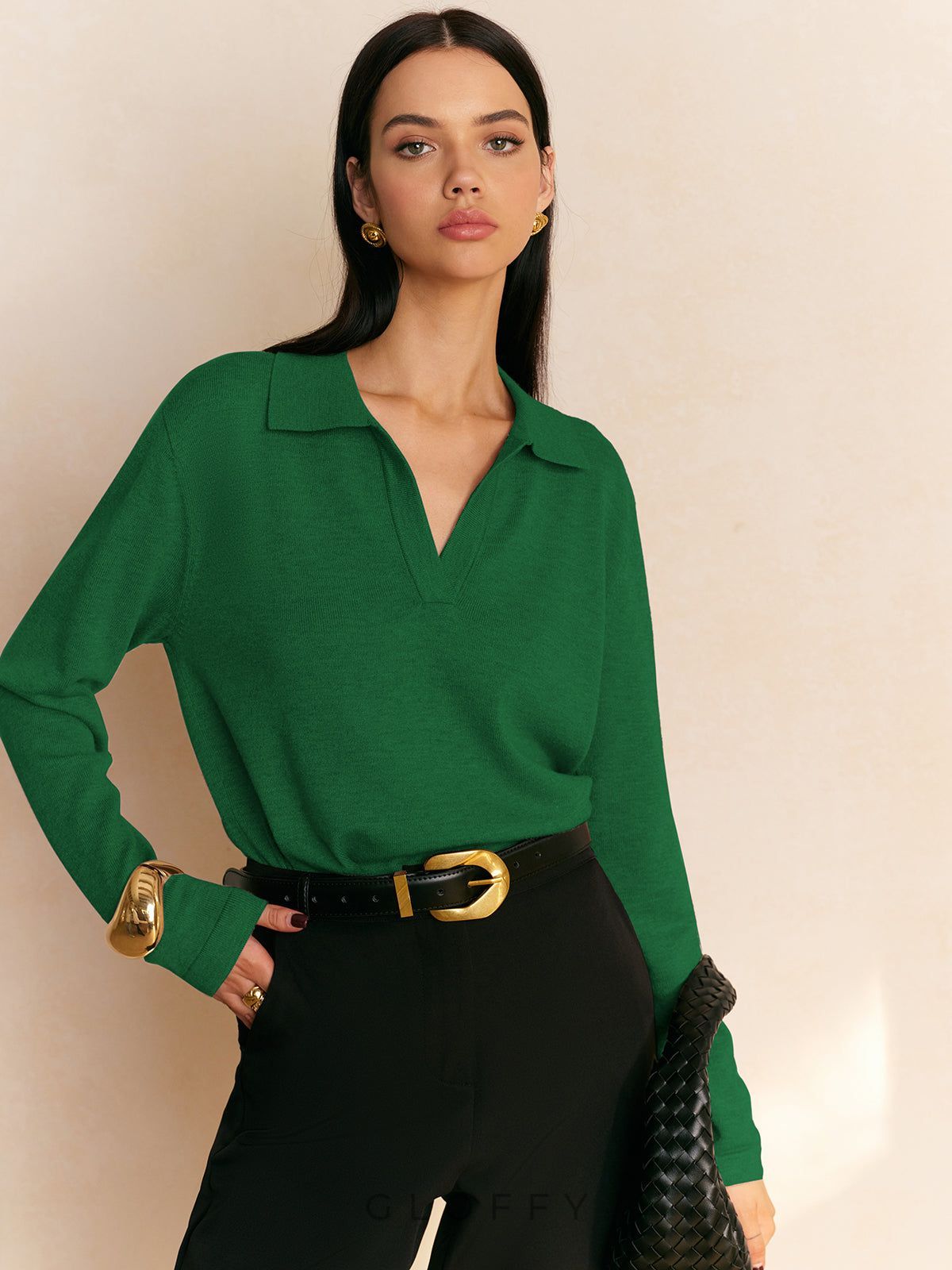 V Yaka Polo Yaka İnce Triko Kazak – Vizon