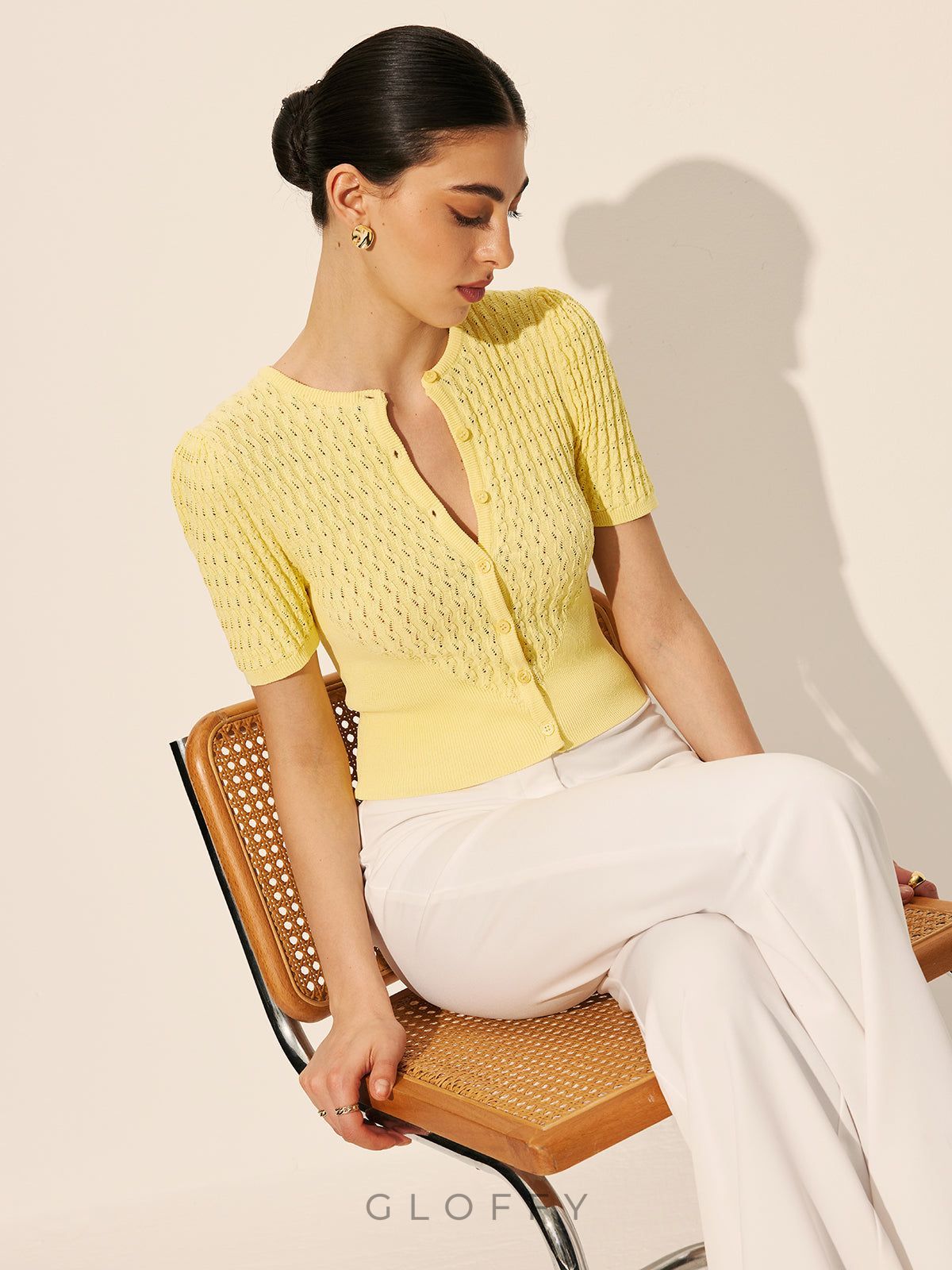 Düğmeli Ajurlu Kısa Kollu Triko Bluz – Sarı