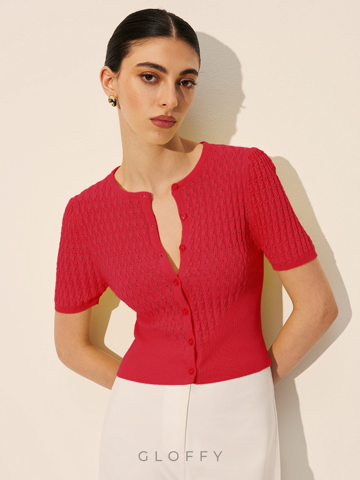 Düğmeli Ajurlu Kısa Kollu Triko Bluz – Sarı