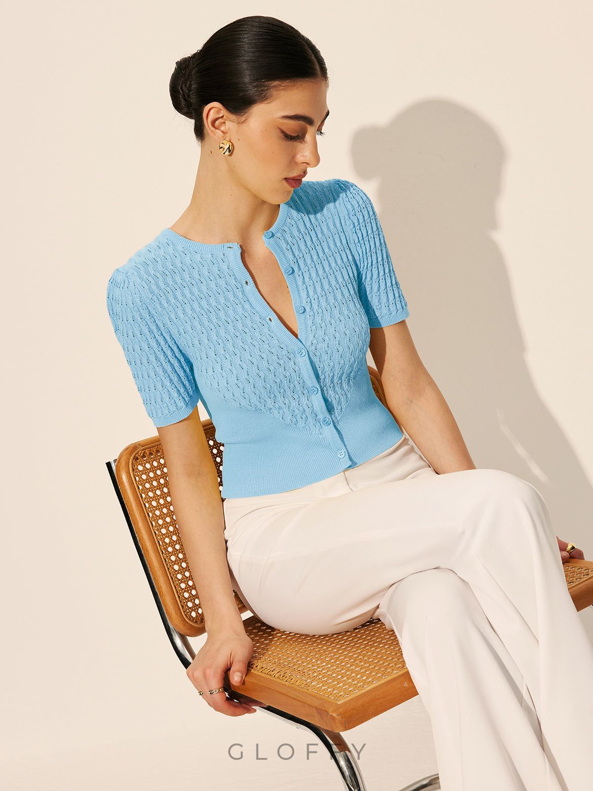 Düğmeli Ajurlu Kısa Kollu Triko Bluz – Sarı