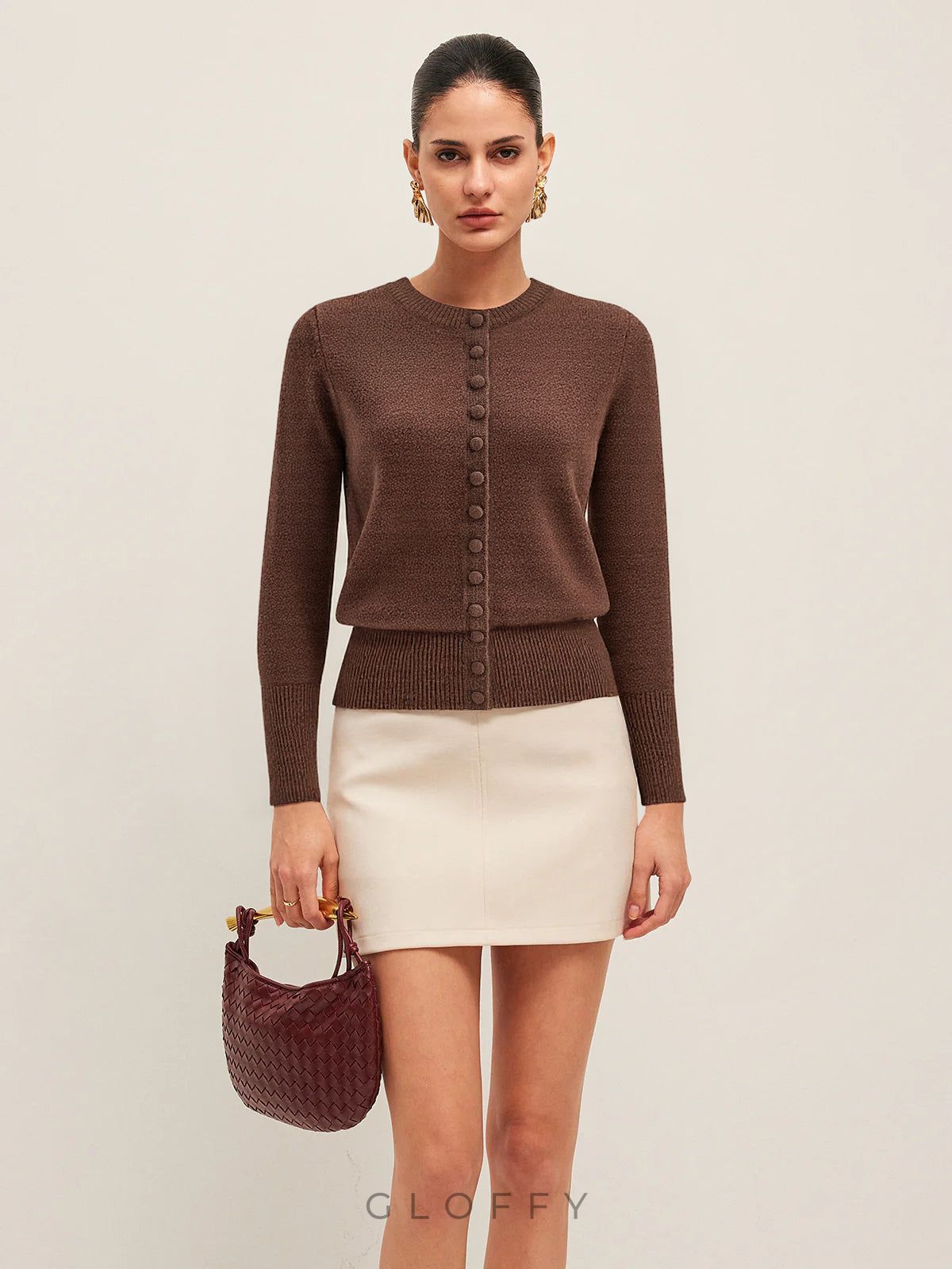 Düğme Detaylı Fitilli Triko Hırka – Kahverengi