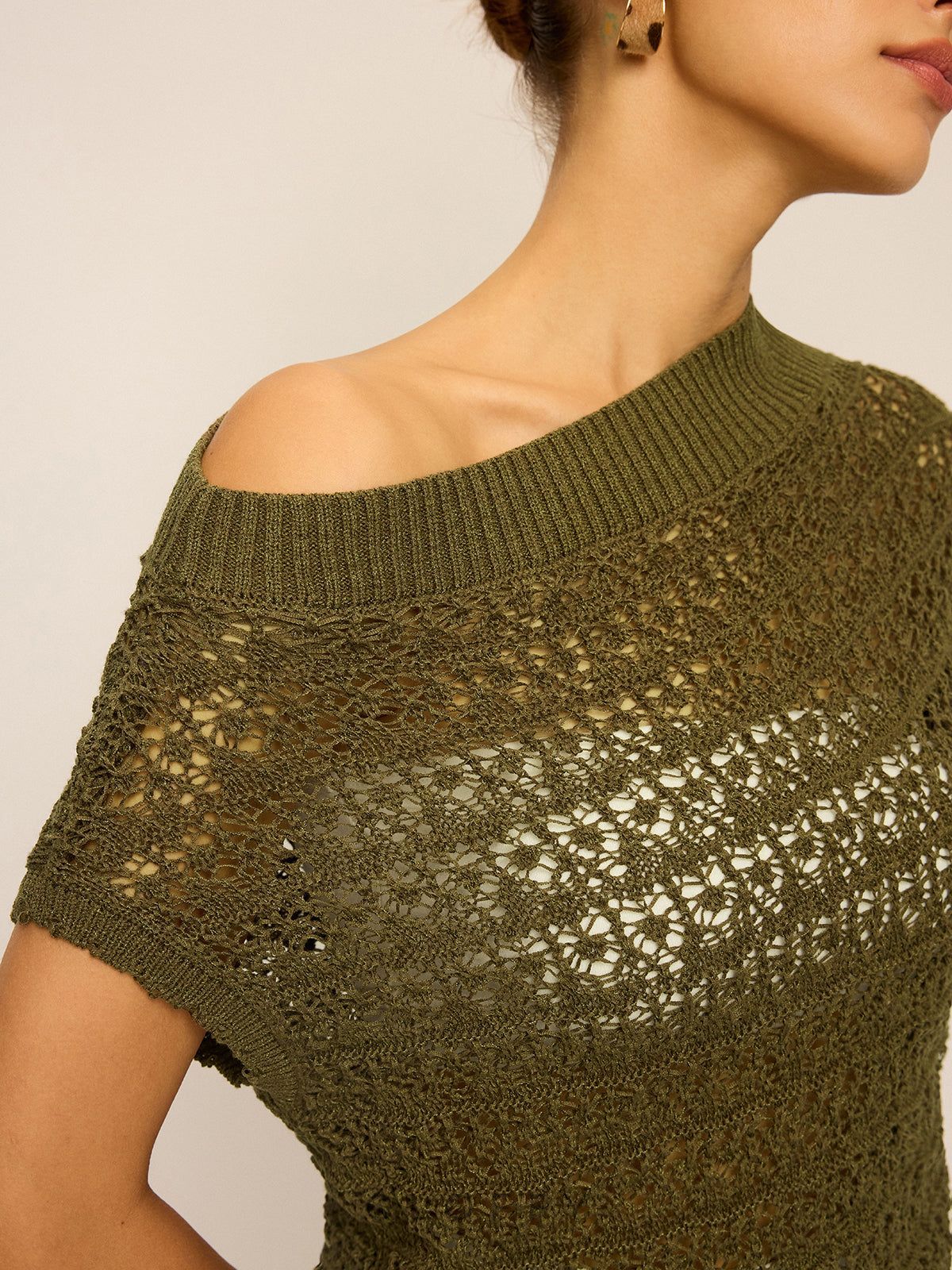 Dantel Örgü Kayık Yaka Triko Bluz – Haki