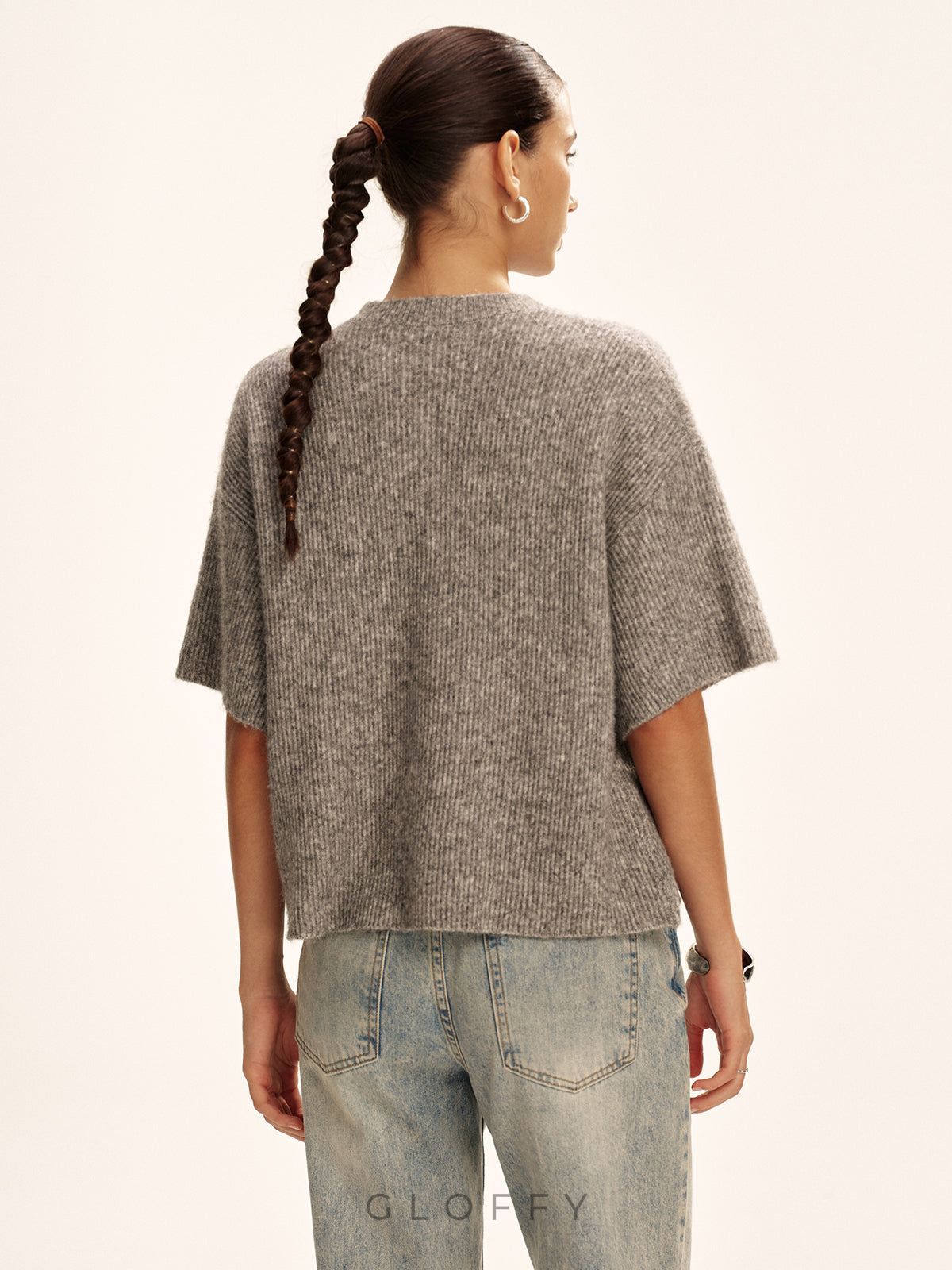 Dökümlü Düğmeli Kısa Kollu Triko Hırka – Gri