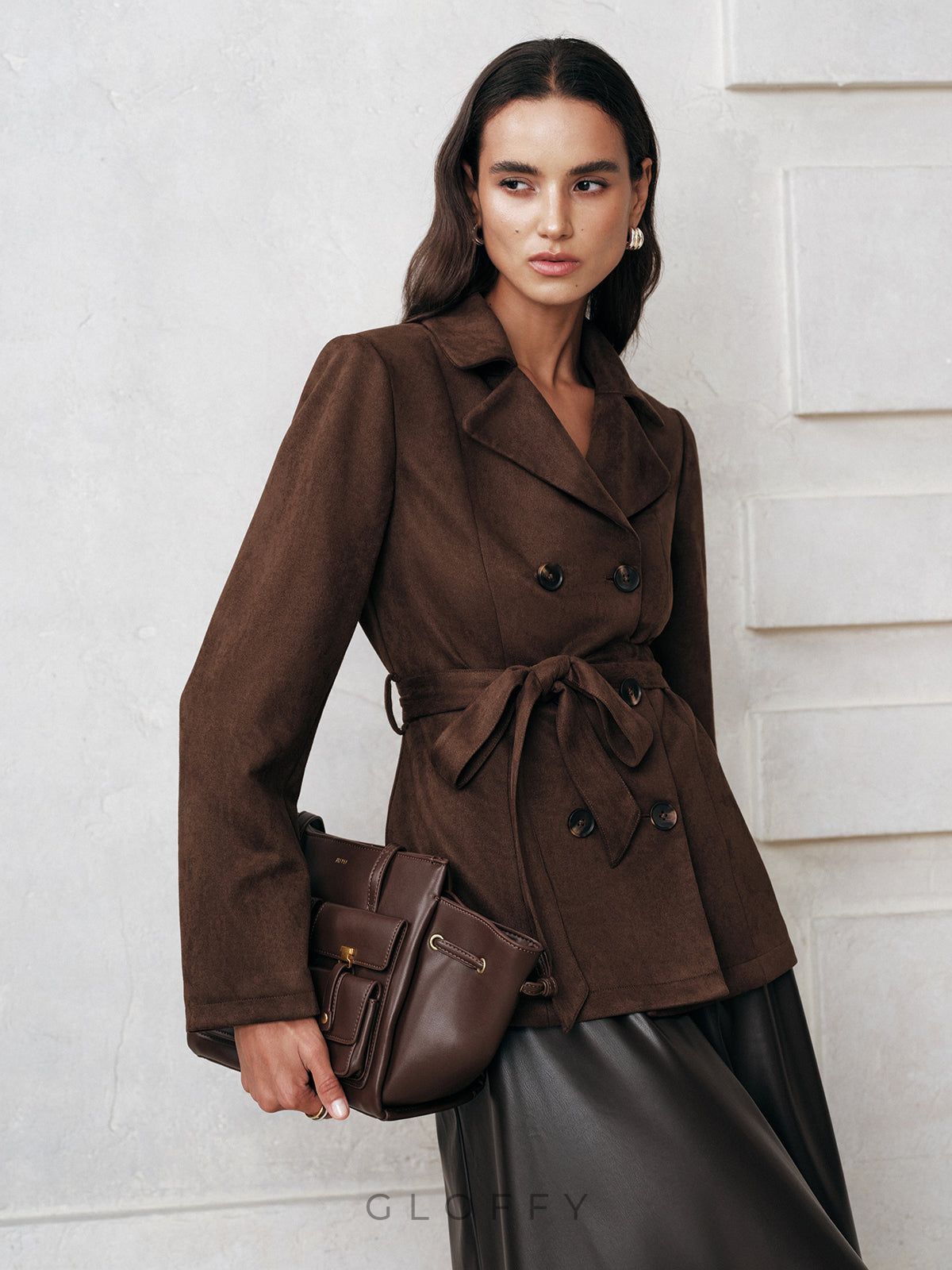 Kemerli Çift Cepli Süet Ceket