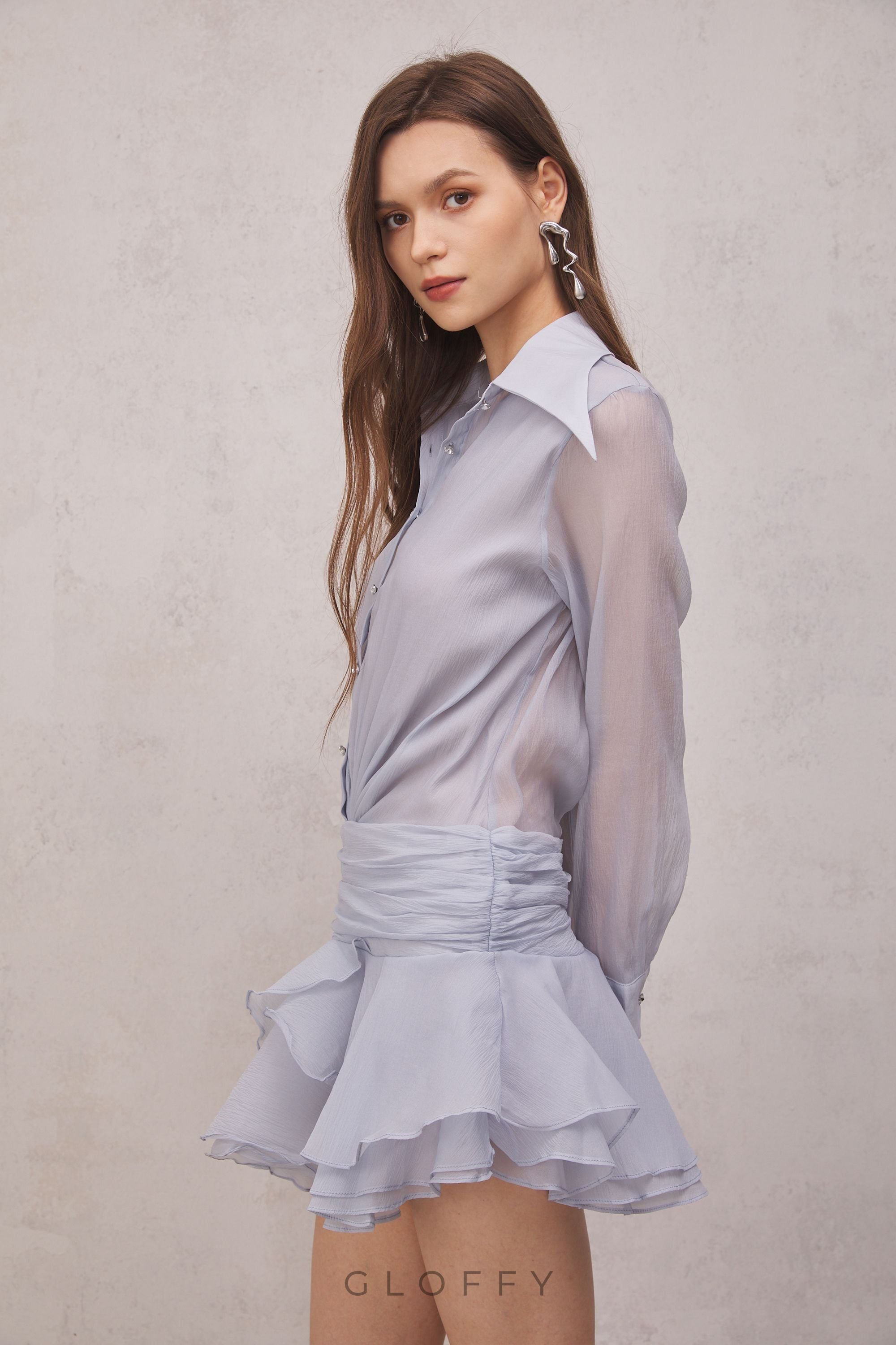 Brinley Pileli Volanlı Mini Elbise Açık Mavi