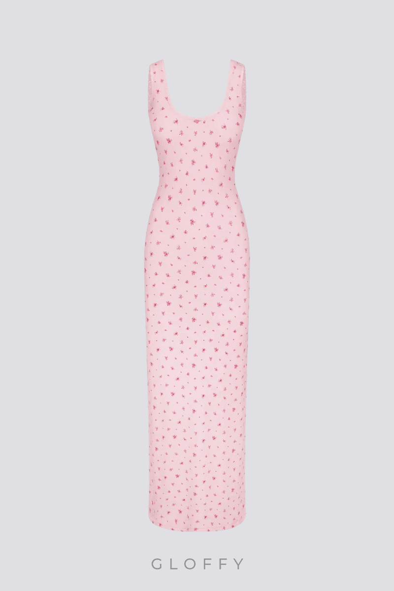 Kiraz Çiçek Sırtı Açık Uzun Elbise