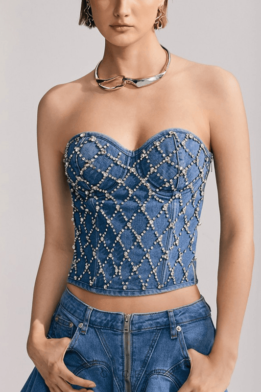 Livia Elmas Süslemeli Straplez Denim Üst