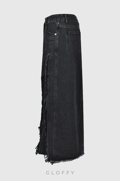 Melany Püsküllü Yüksek Yırtmaçlı Denim Maxi Etek
