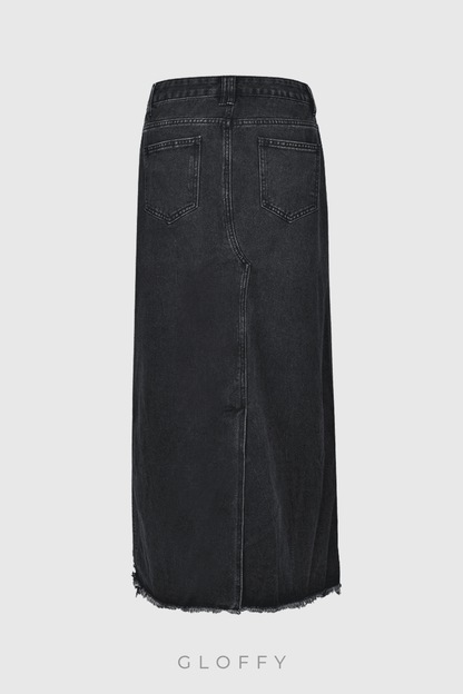 Melany Püsküllü Yüksek Yırtmaçlı Denim Maxi Etek