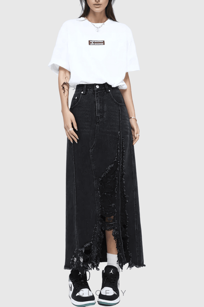 Melany Püsküllü Yüksek Yırtmaçlı Denim Maxi Etek