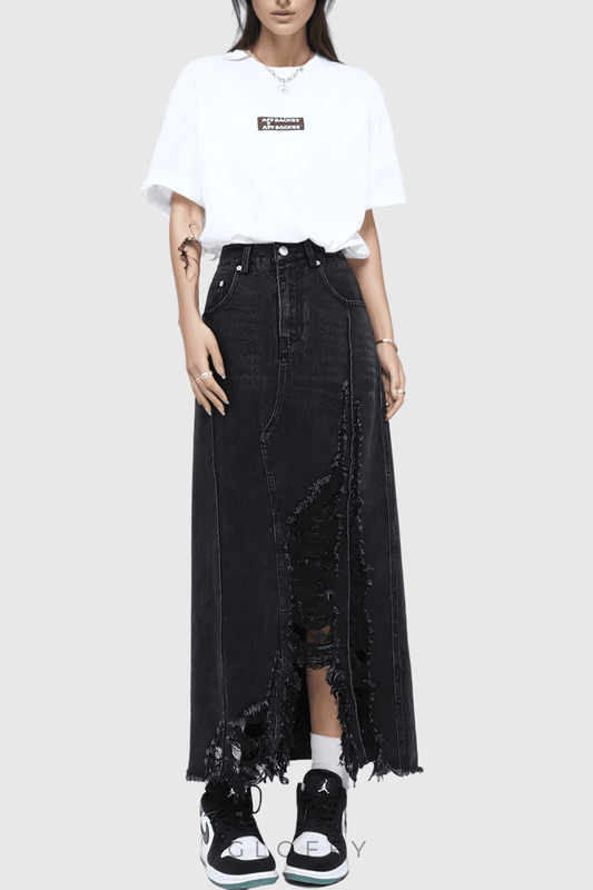 Melany Püsküllü Yüksek Yırtmaçlı Denim Maxi Etek