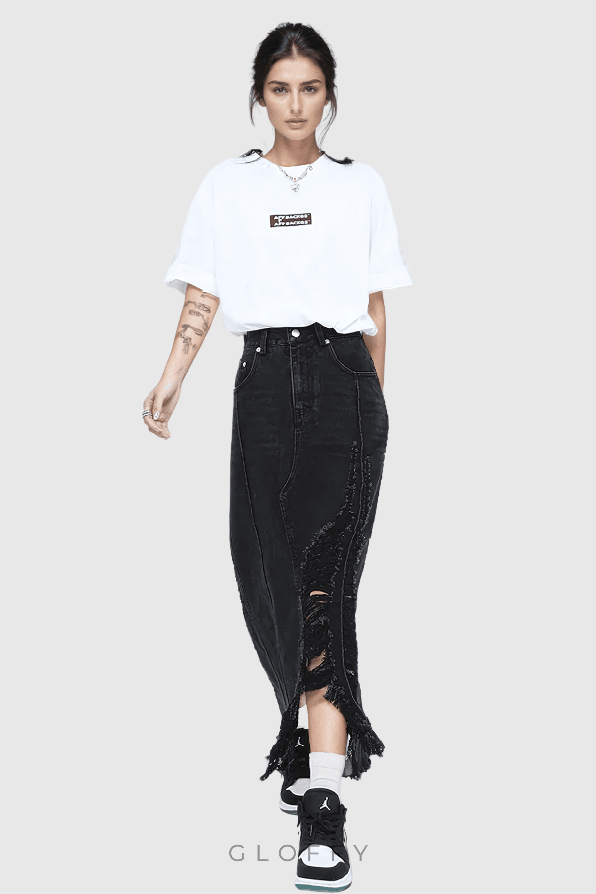 Melany Püsküllü Yüksek Yırtmaçlı Denim Maxi Etek