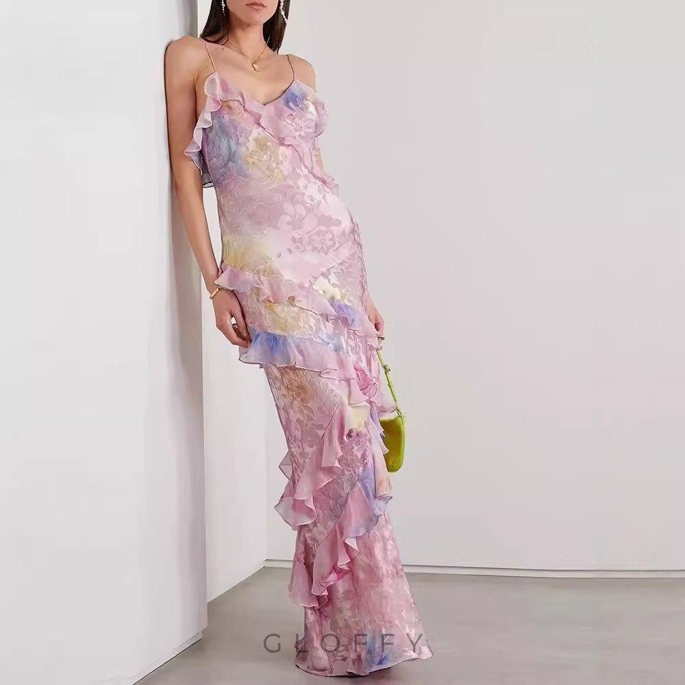 Virginia Çiçekli Volanlı Maxi Elbise