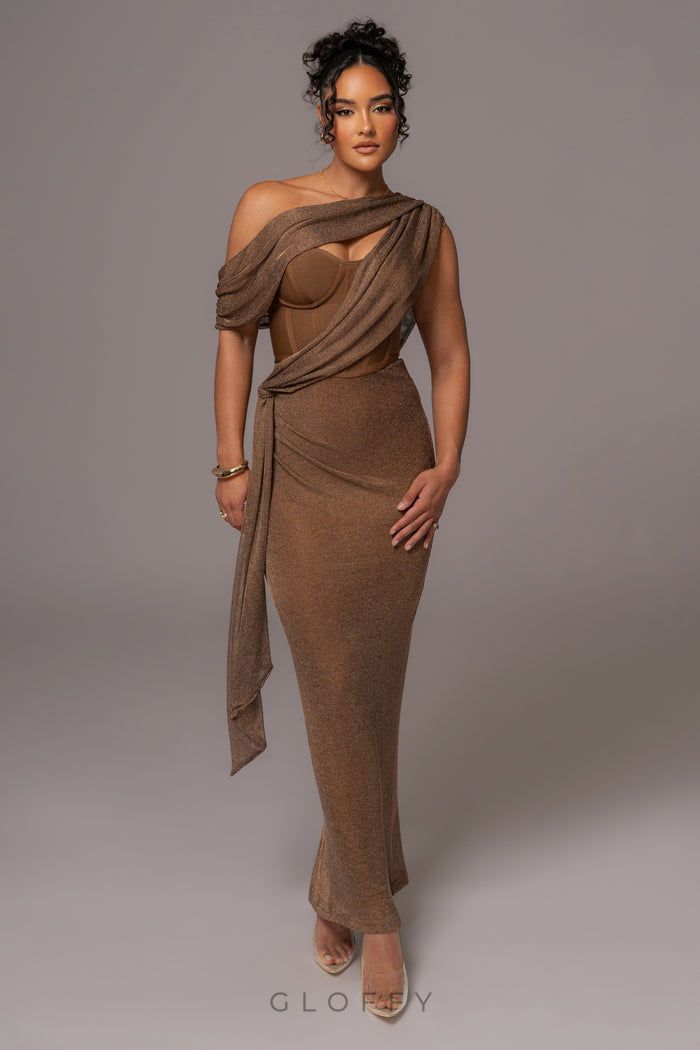 Serena Tek Omuz Drapeli Parıltılı Maxi Elbise