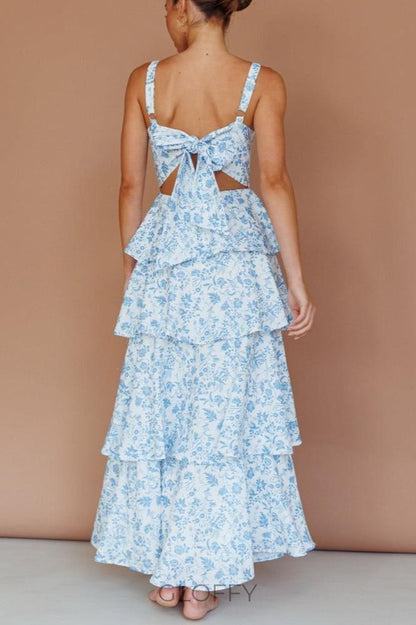 Provence Bloom Katlı Maxi Elbise - Çiçekli Mavi