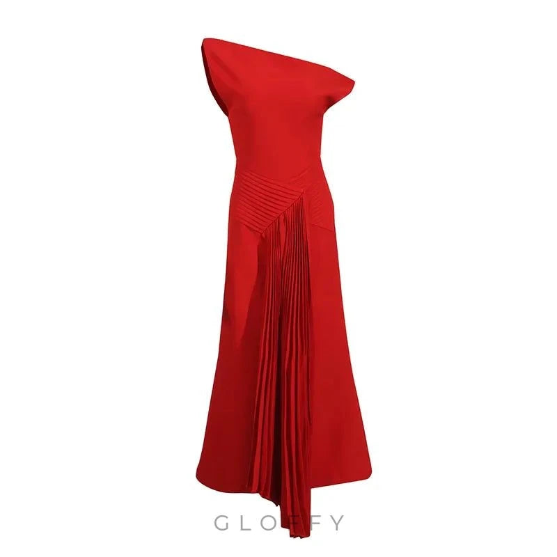 Calandra Asimetrik Omuz Kolsuz Kıvrımlı Midi Elbise